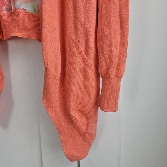Women Coral Open Cardigan Soft Knit Chifon Floral Back Asymmetrical Siz L Cotton - Picture 6 of 7